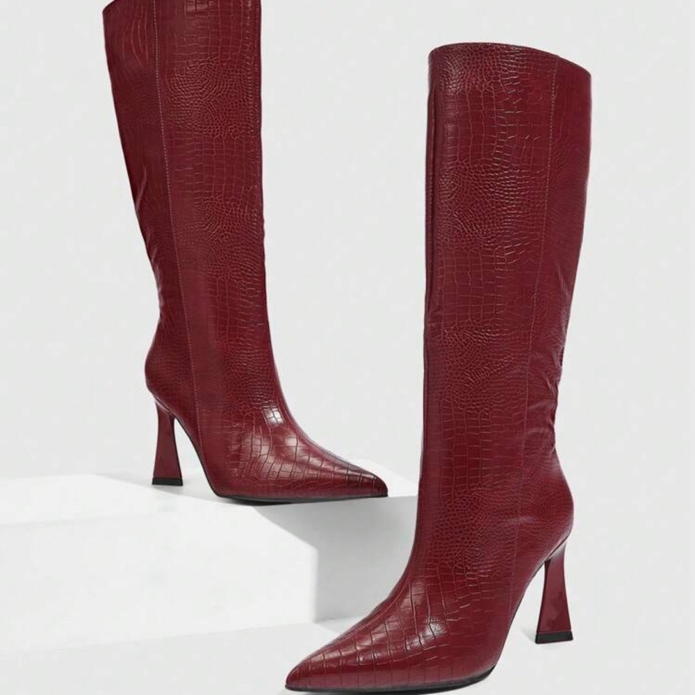 Elegant Red Croc-Embossed Knee-High Boots